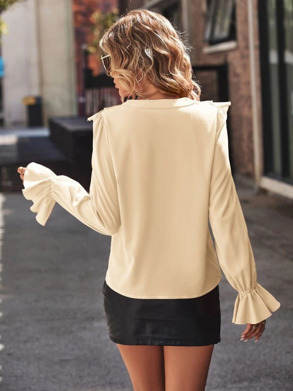 Ruffled V - Neck Flounce Sleeve Shirt - StyleLure