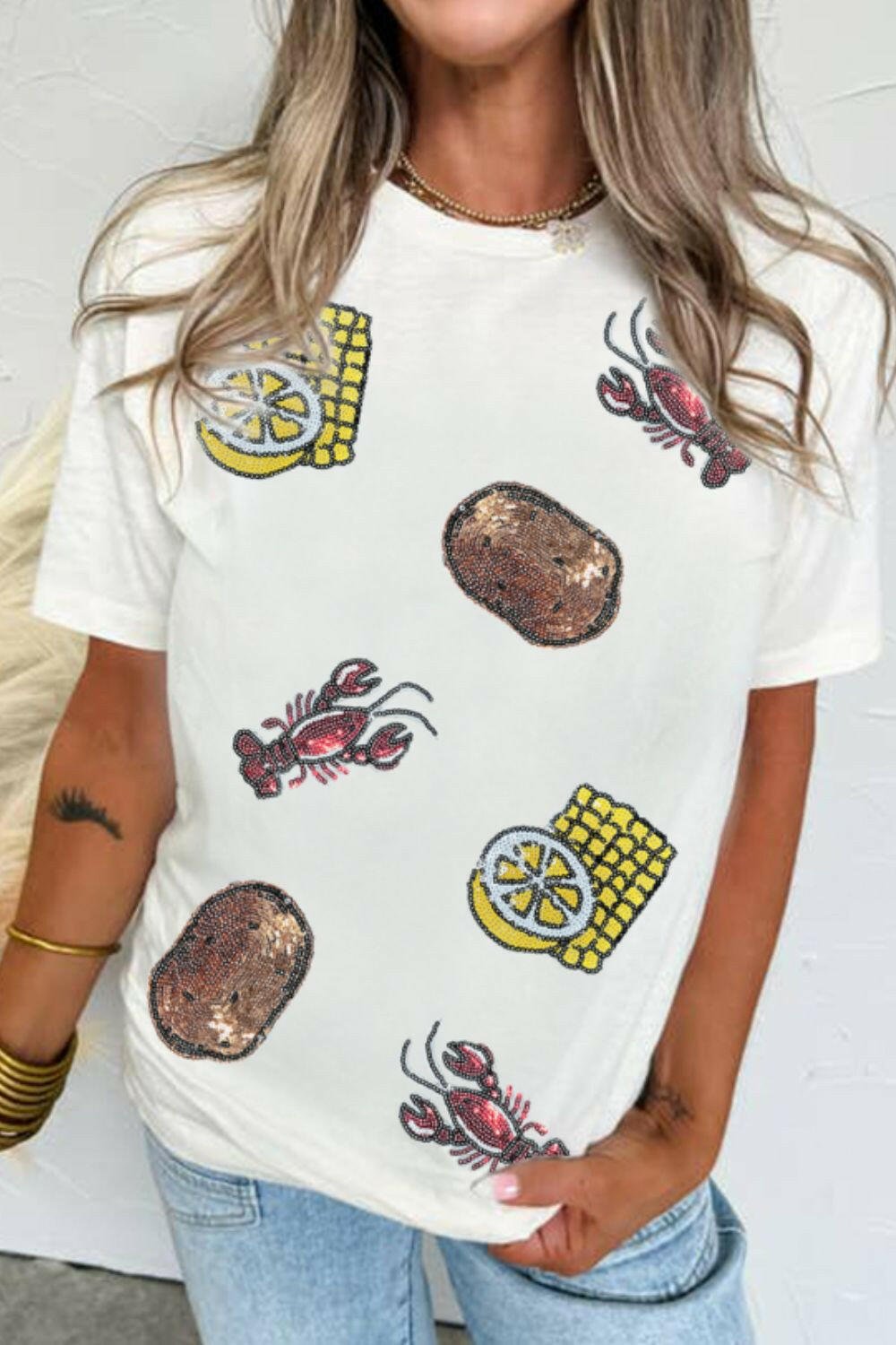 Sequin Crawfish Potato Round Neck Short Sleeve T-Shirt - StyleLure