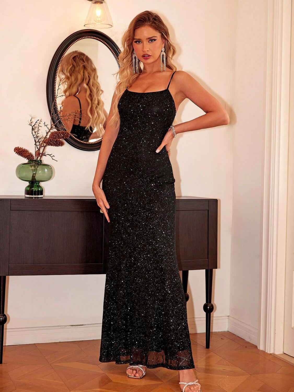 Sequin Square Neck Maxi Cami Dress - StyleLure