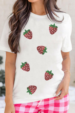Sequin Strawberry Crew Neck Short Sleeve T Shirt - StyleLure