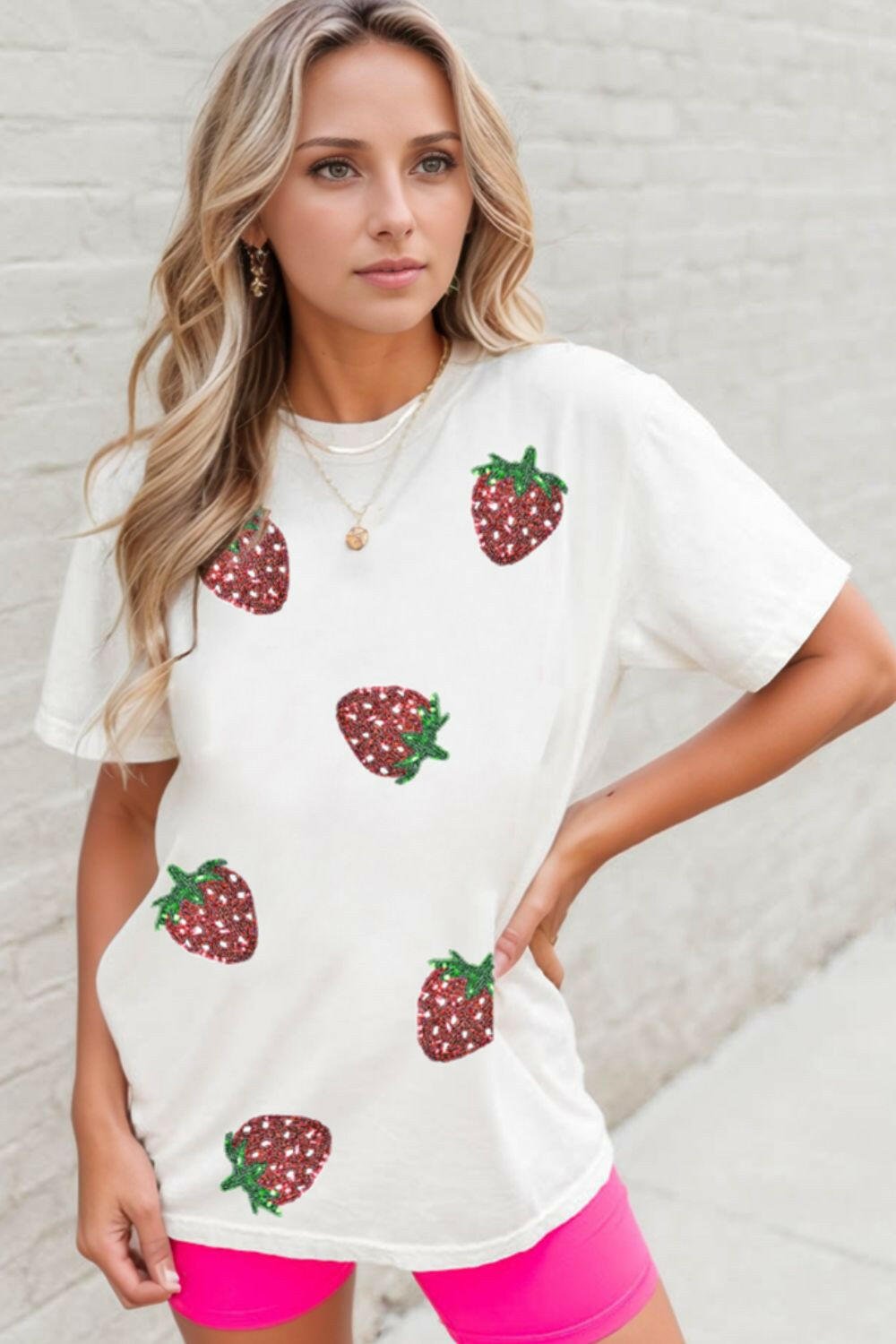 Sequin Strawberry Crew Neck Short Sleeve T Shirt - StyleLure