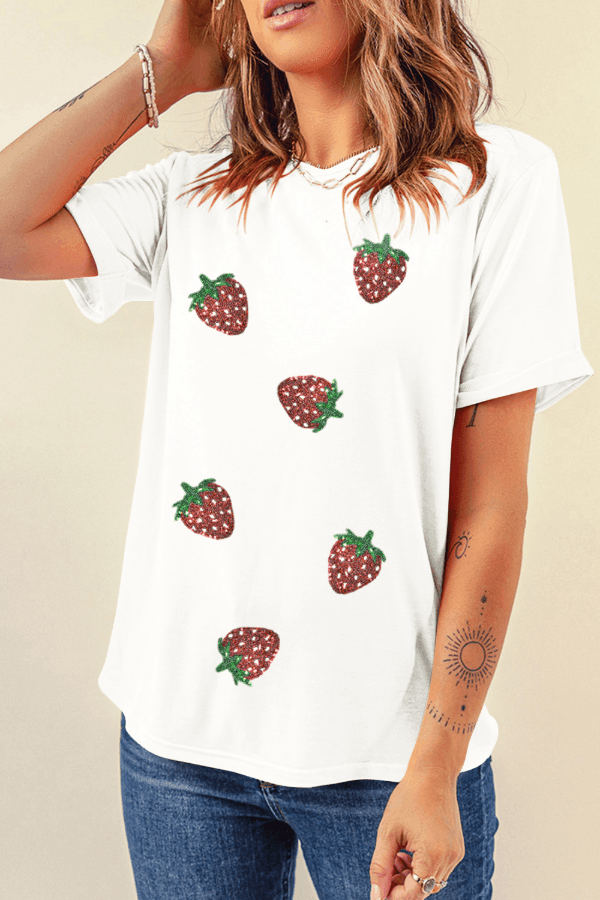 Sequin Strawberry Crew Neck Short Sleeve T Shirt - StyleLure