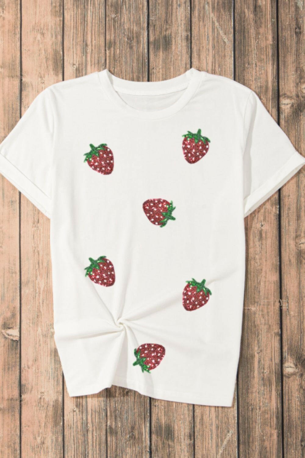Sequin Strawberry Crew Neck Short Sleeve T Shirt - StyleLure