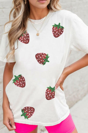 Sequin Strawberry Crew Neck Short Sleeve T Shirt - StyleLure