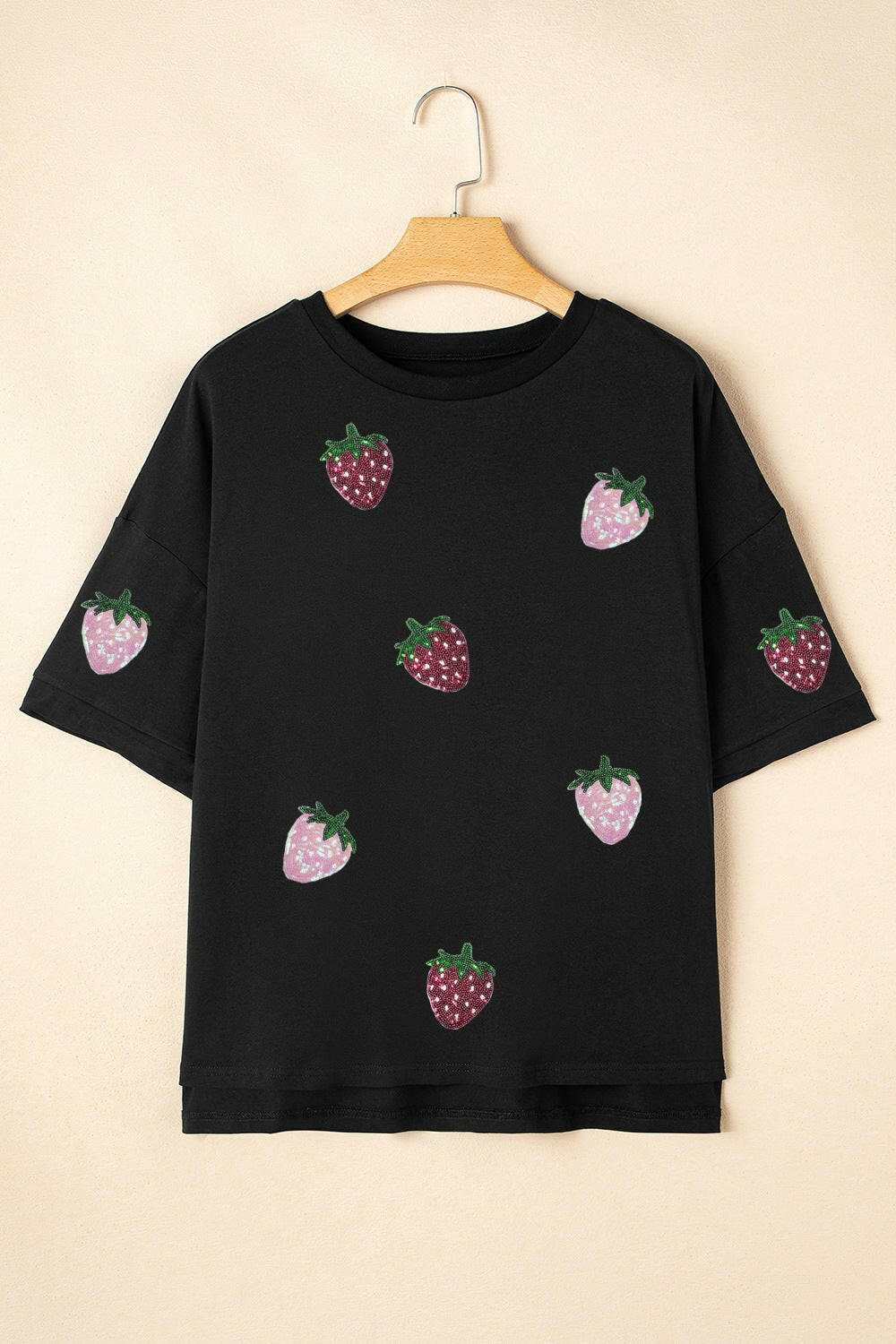 Sequin Strawberry High Low Half Sleeve Relaxed Fit T-Shirt - StyleLure