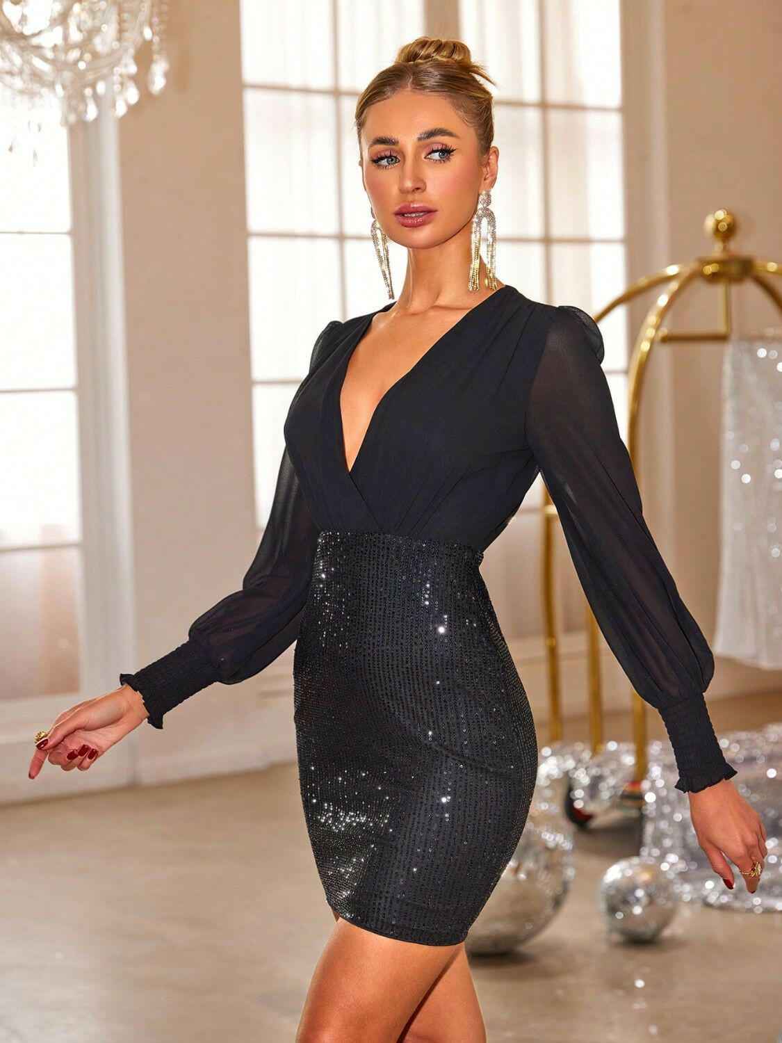 Sequin Surplice Lantern Sleeve Mini Dress - StyleLure