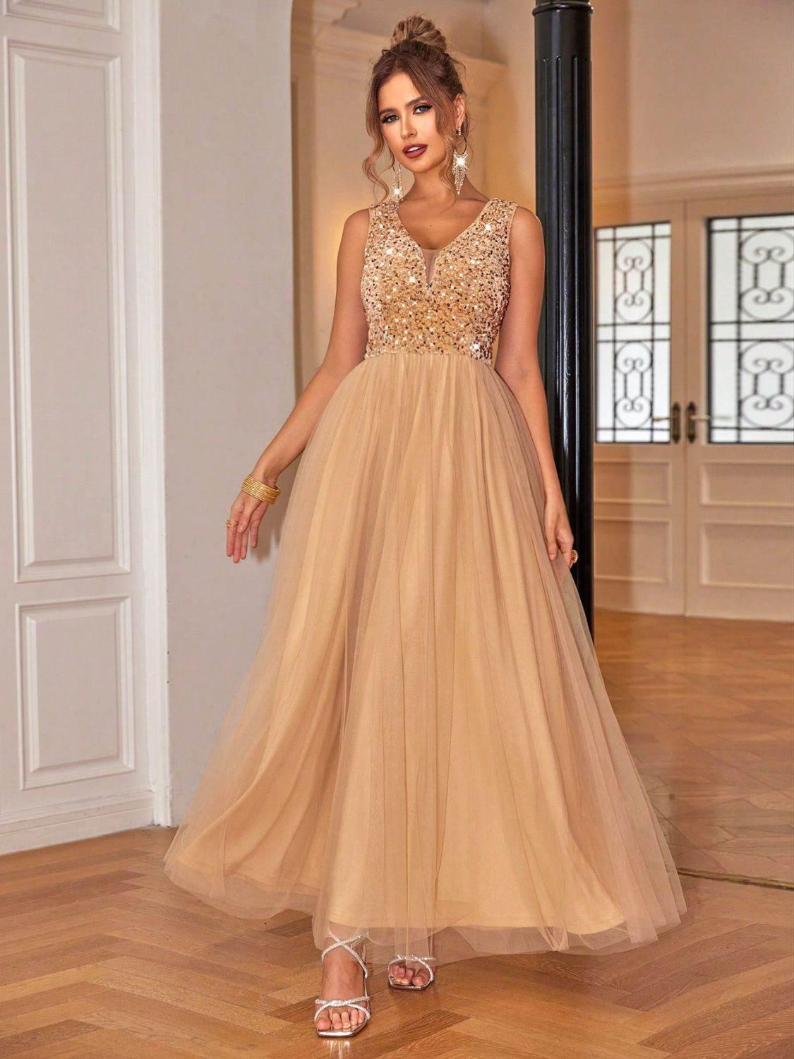 Sequin V - Neck Sleeveless Dress - StyleLure