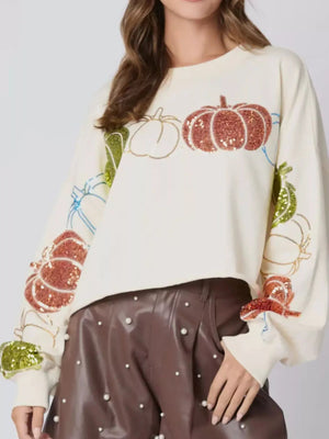 Sequined Pumpkin Halloween Crop Sweatshirt - StyleLure