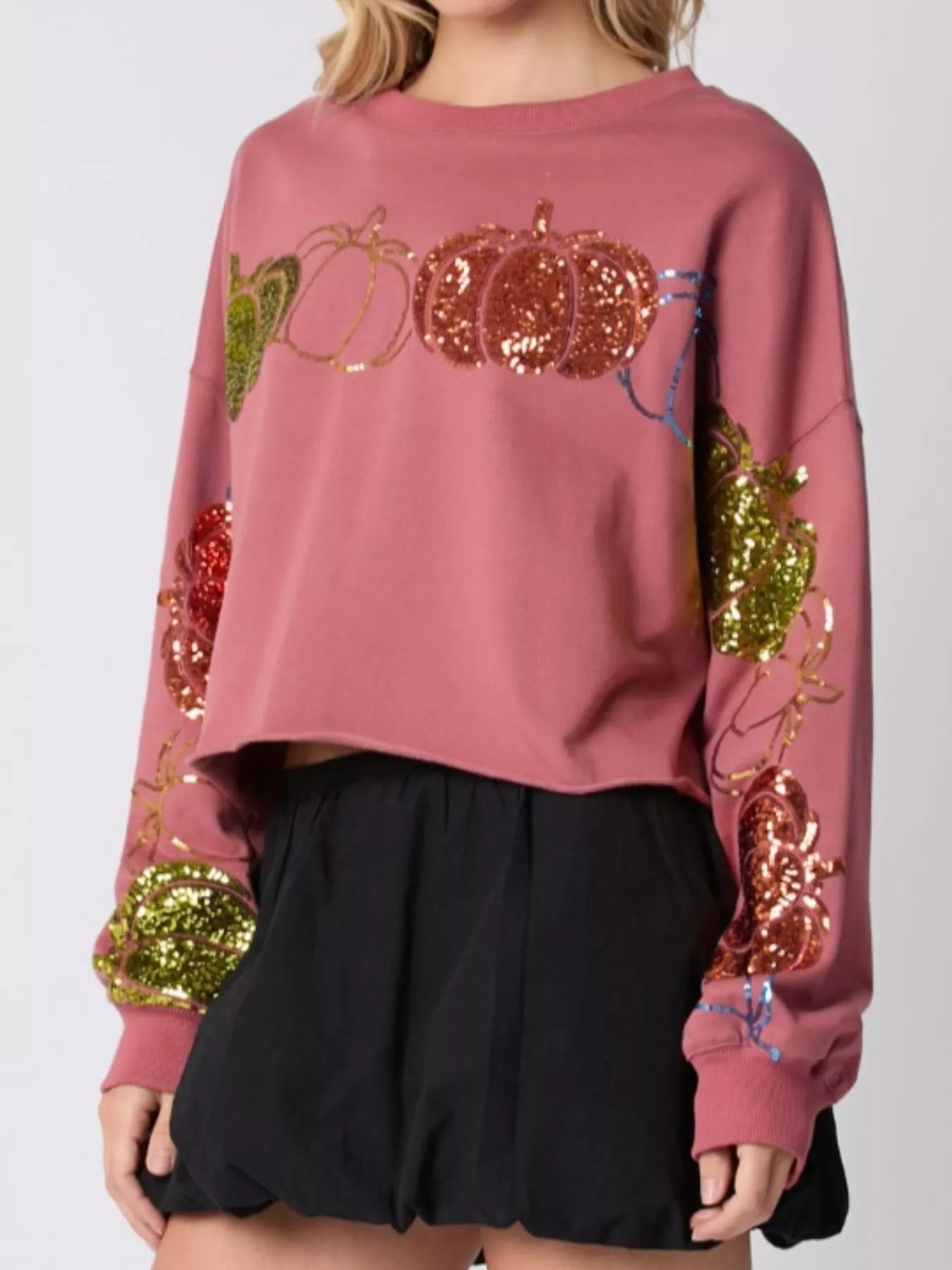 Sequined Pumpkin Halloween Crop Sweatshirt - StyleLure