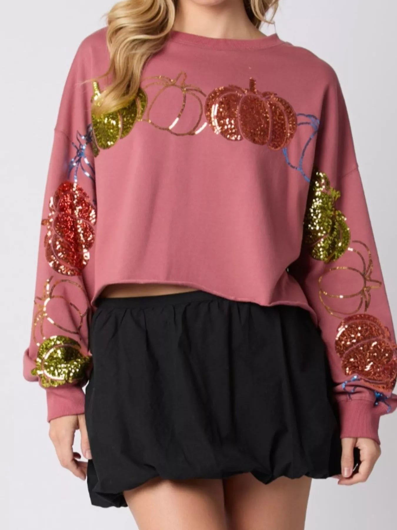Sequined Pumpkin Halloween Crop Sweatshirt - StyleLure