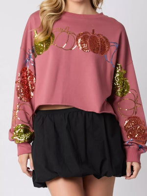 Sequined Pumpkin Halloween Crop Sweatshirt - StyleLure