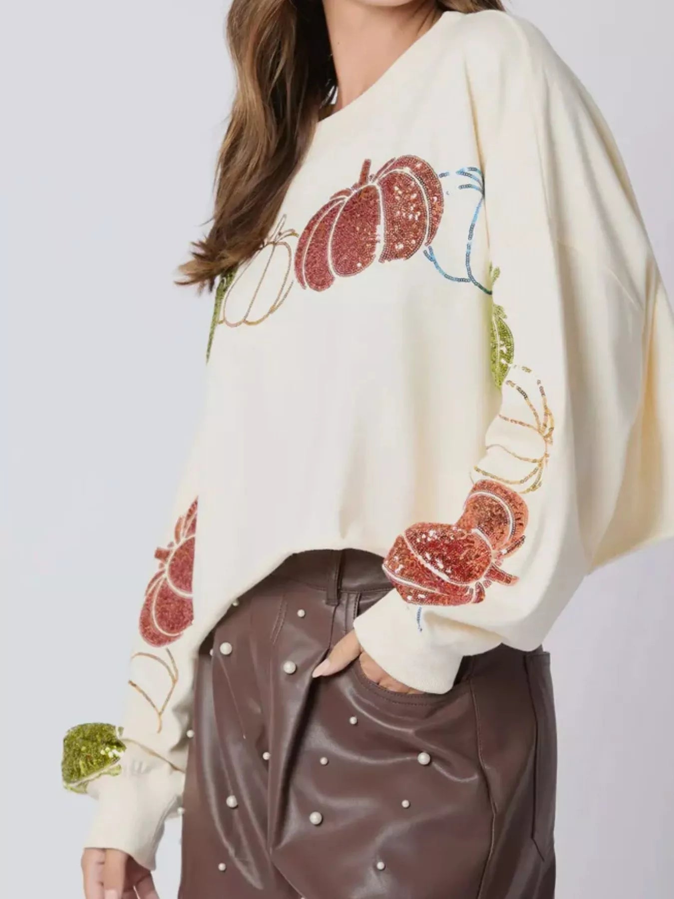 Sequined Pumpkin Halloween Crop Sweatshirt - StyleLure
