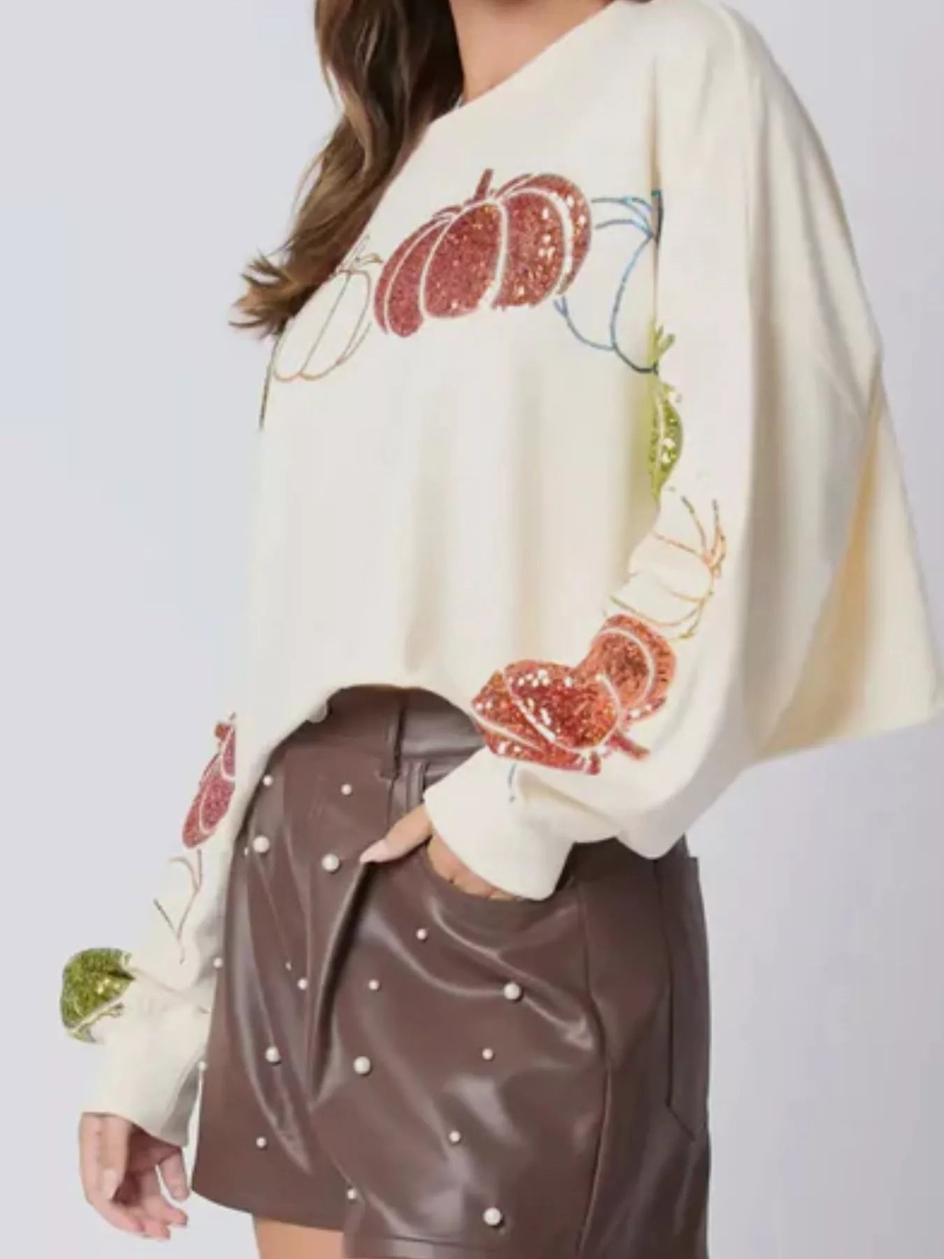 Sequined Pumpkin Halloween Crop Sweatshirt - StyleLure