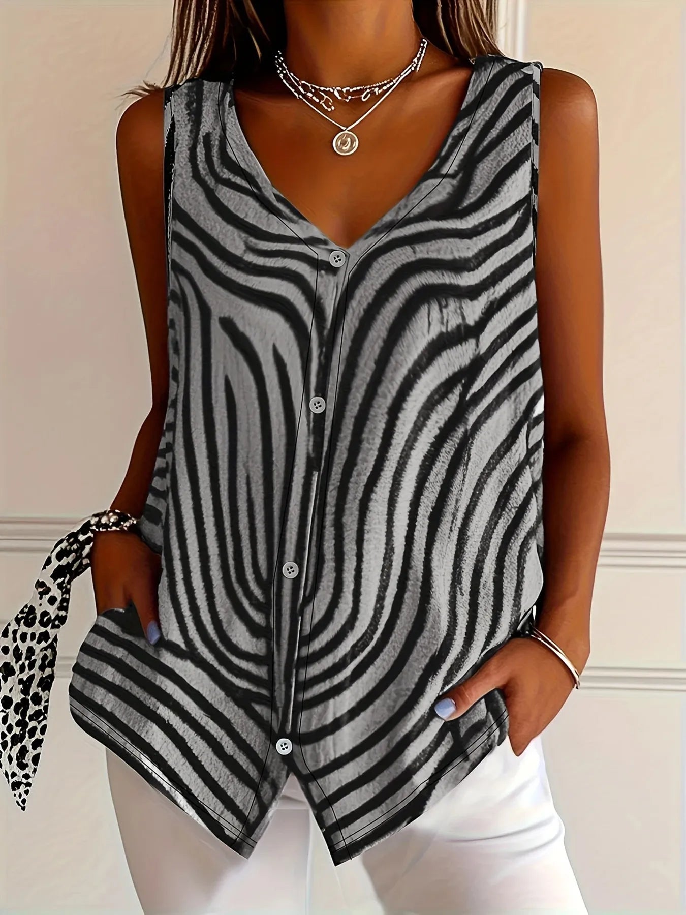 Sleeveless Zebra Print Button - Up Tank Top - StyleLure