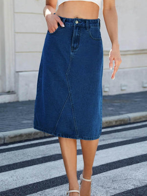 Slit Back Midi Denim Skirt - StyleLure