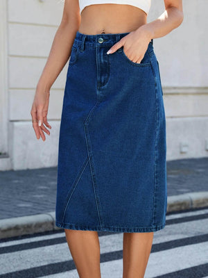 Slit Back Midi Denim Skirt - StyleLure