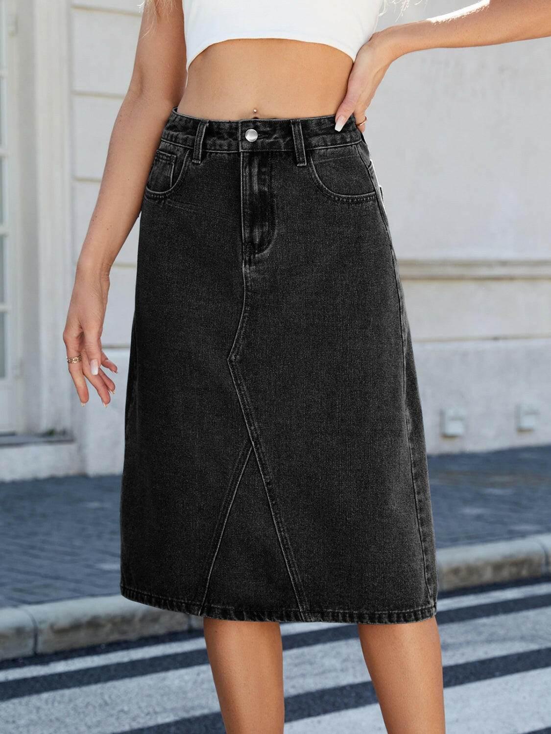 Slit Back Midi Denim Skirt - StyleLure