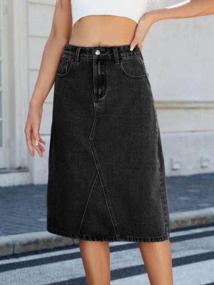 Slit Back Midi Denim Skirt - StyleLure