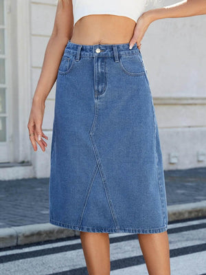 Slit Back Midi Denim Skirt - StyleLure