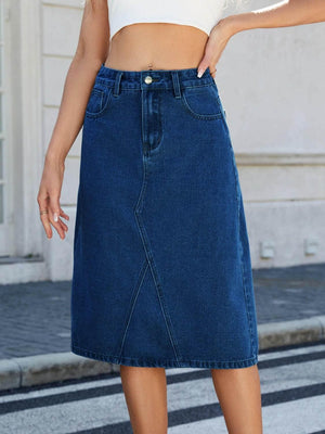 Slit Back Midi Denim Skirt - StyleLure
