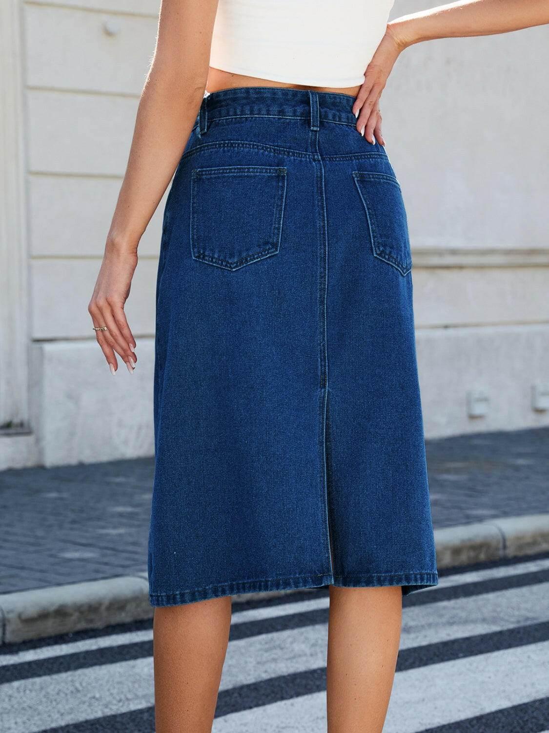 Slit Back Midi Denim Skirt - StyleLure