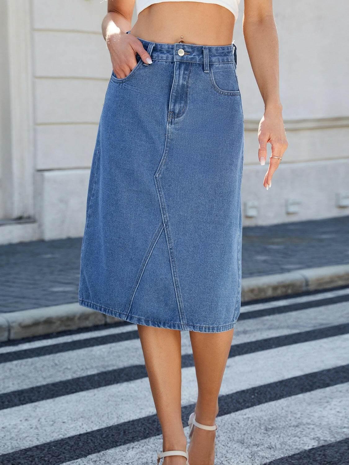 Slit Back Midi Denim Skirt - StyleLure