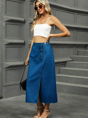 Slit Button Detail Denim Midi Skirt - StyleLure