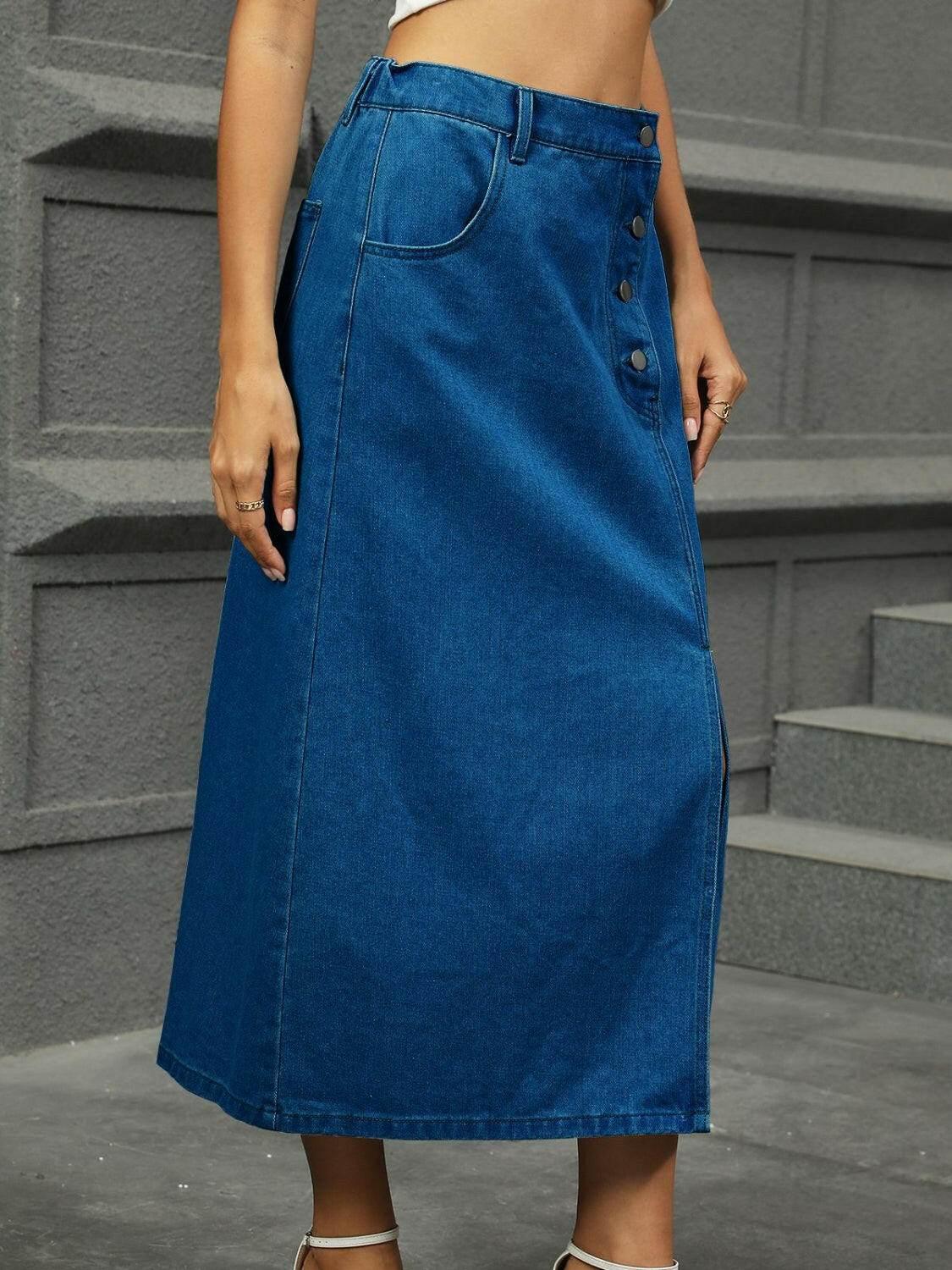 Slit Button Detail Denim Midi Skirt - StyleLure