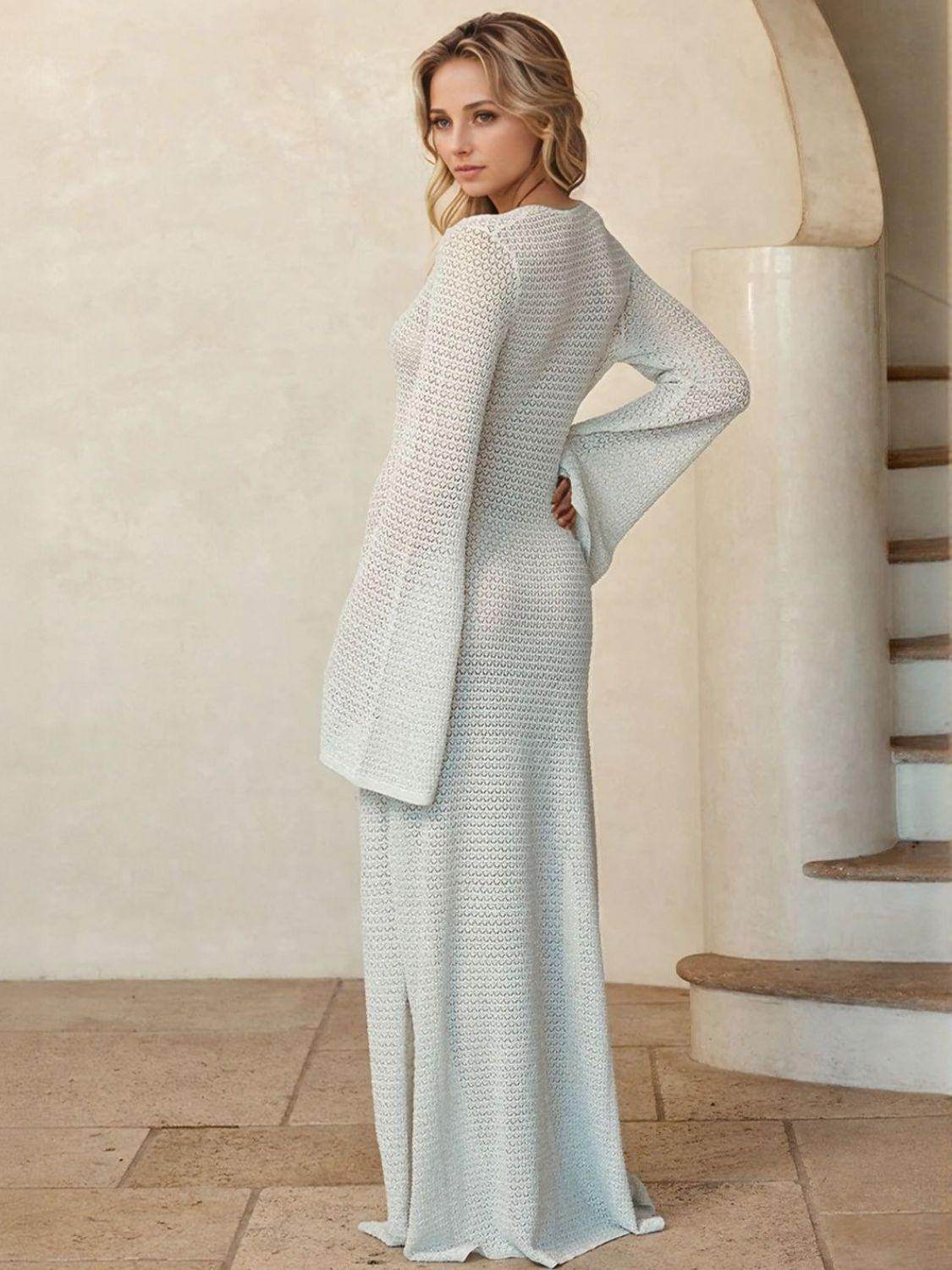 Slit Plunge Flare Sleeve Cover - Up Dress - StyleLure