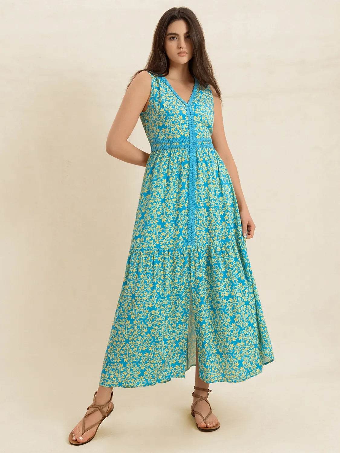 Slit Printed V - Neck Sleeveless Dress - StyleLure