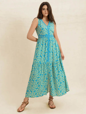 Slit Printed V - Neck Sleeveless Dress - StyleLure