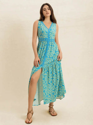 Slit Printed V - Neck Sleeveless Dress - StyleLure
