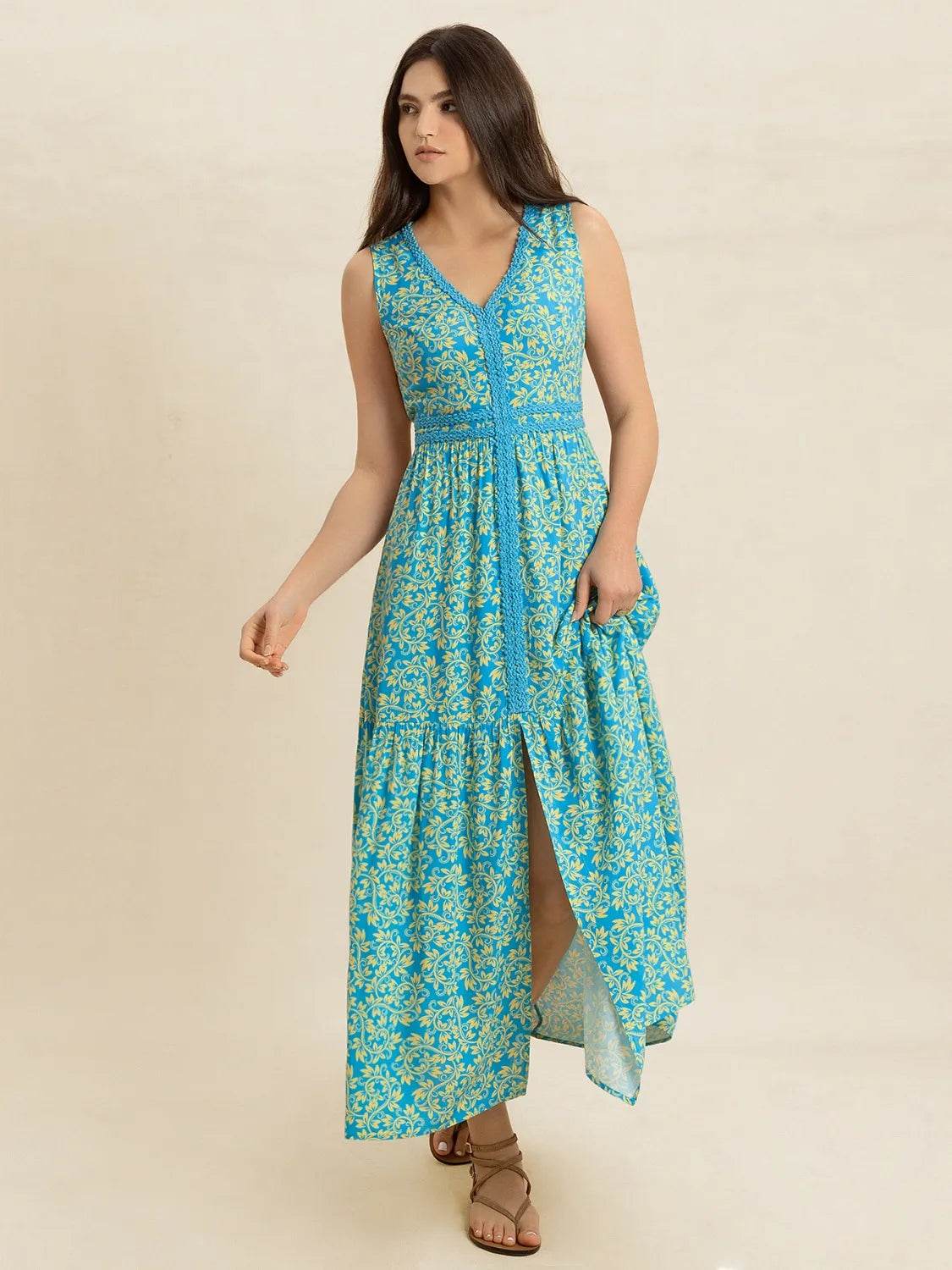 Slit Printed V - Neck Sleeveless Dress - StyleLure