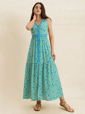 Slit Printed V - Neck Sleeveless Dress - StyleLure