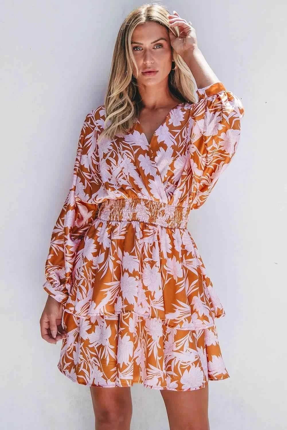 Smocked Printed Long Sleeve Mini Dress - StyleLure