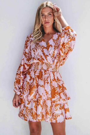 Smocked Printed Long Sleeve Mini Dress - StyleLure