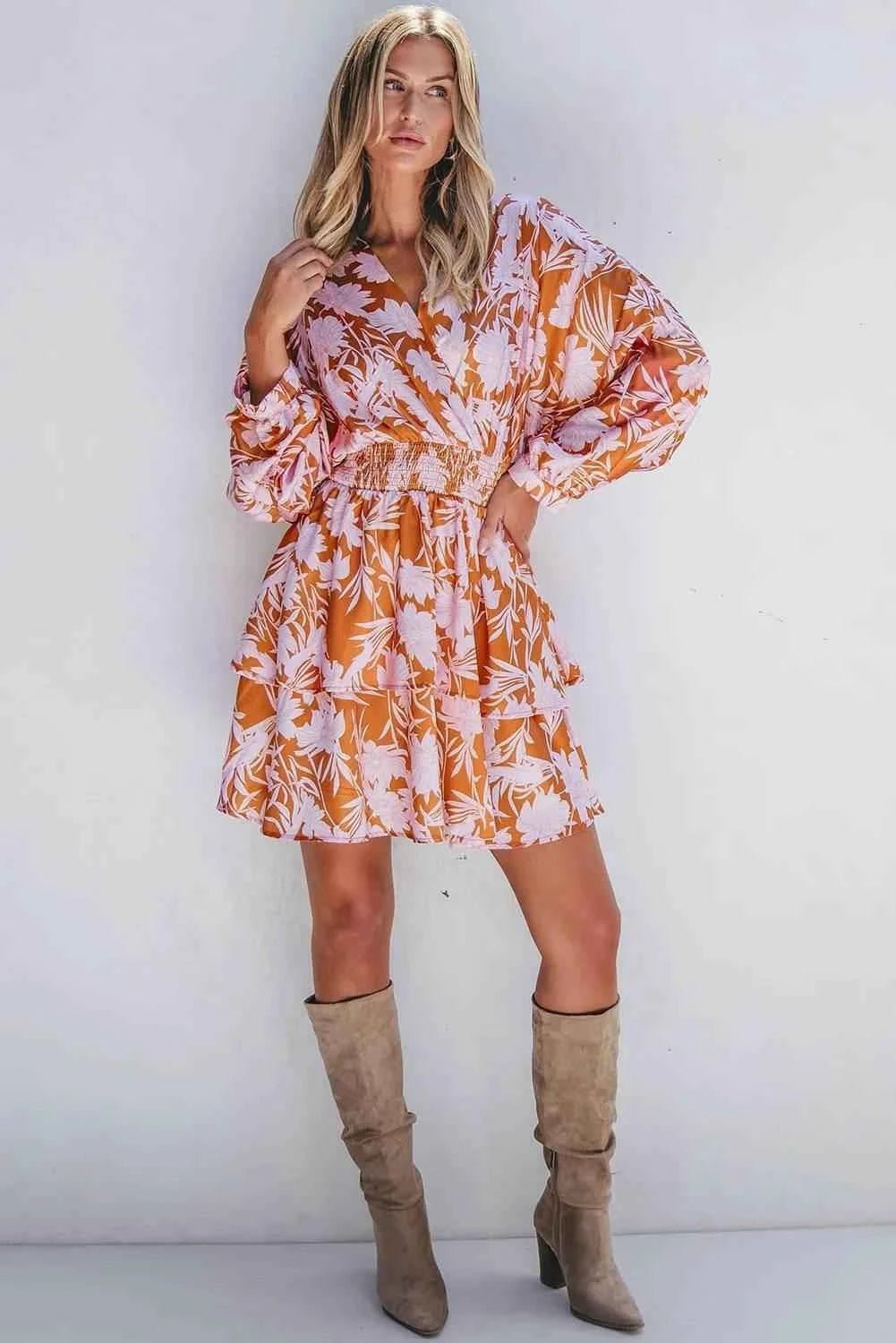 Smocked Printed Long Sleeve Mini Dress - StyleLure