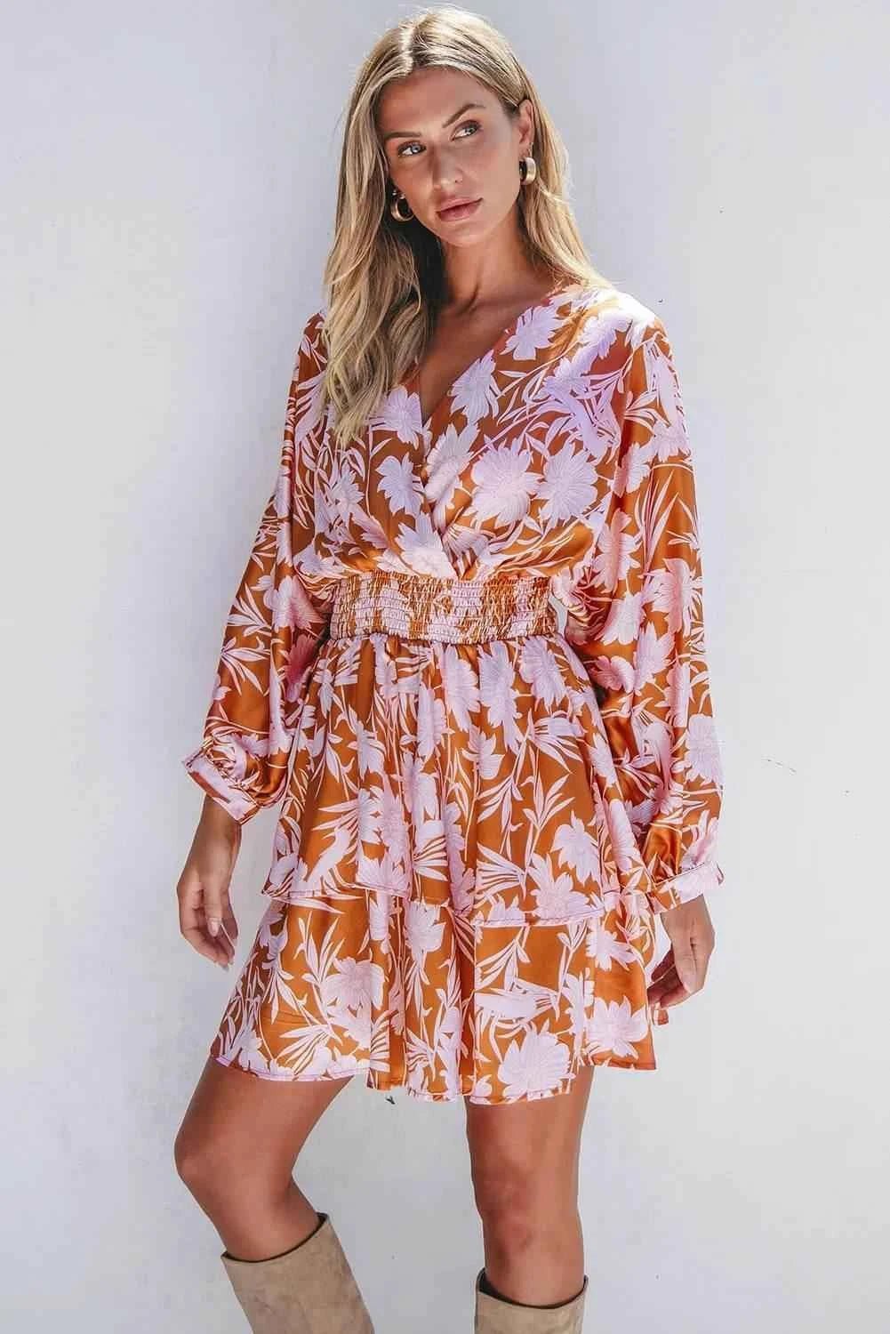 Smocked Printed Long Sleeve Mini Dress - StyleLure