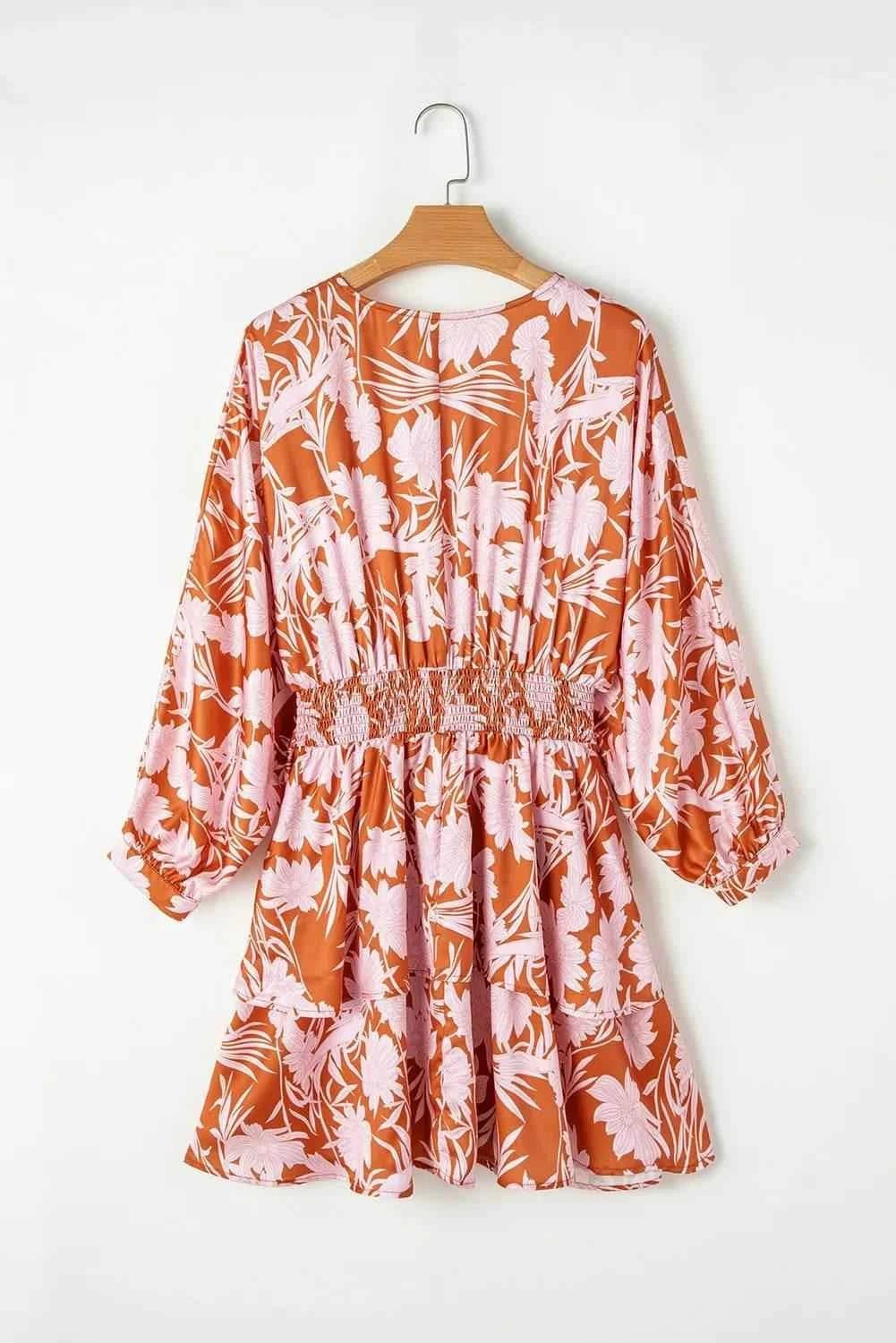 Smocked Printed Long Sleeve Mini Dress - StyleLure