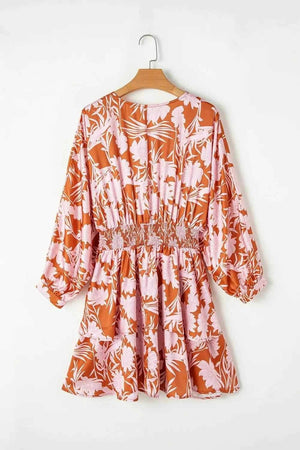 Smocked Printed Long Sleeve Mini Dress - StyleLure