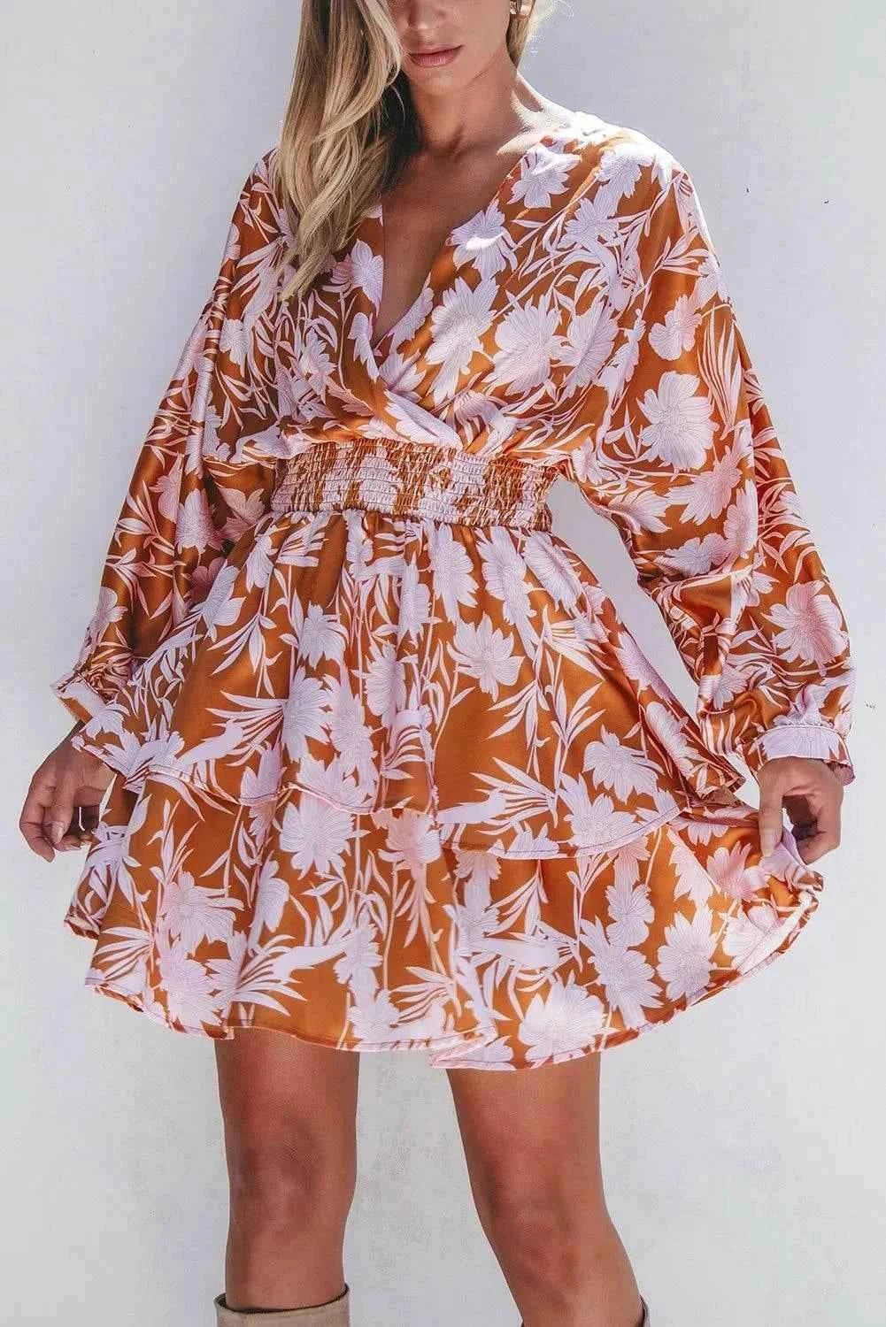 Smocked Printed Long Sleeve Mini Dress - StyleLure
