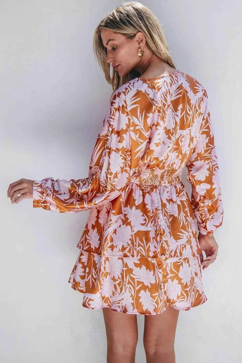 Smocked Printed Long Sleeve Mini Dress - StyleLure