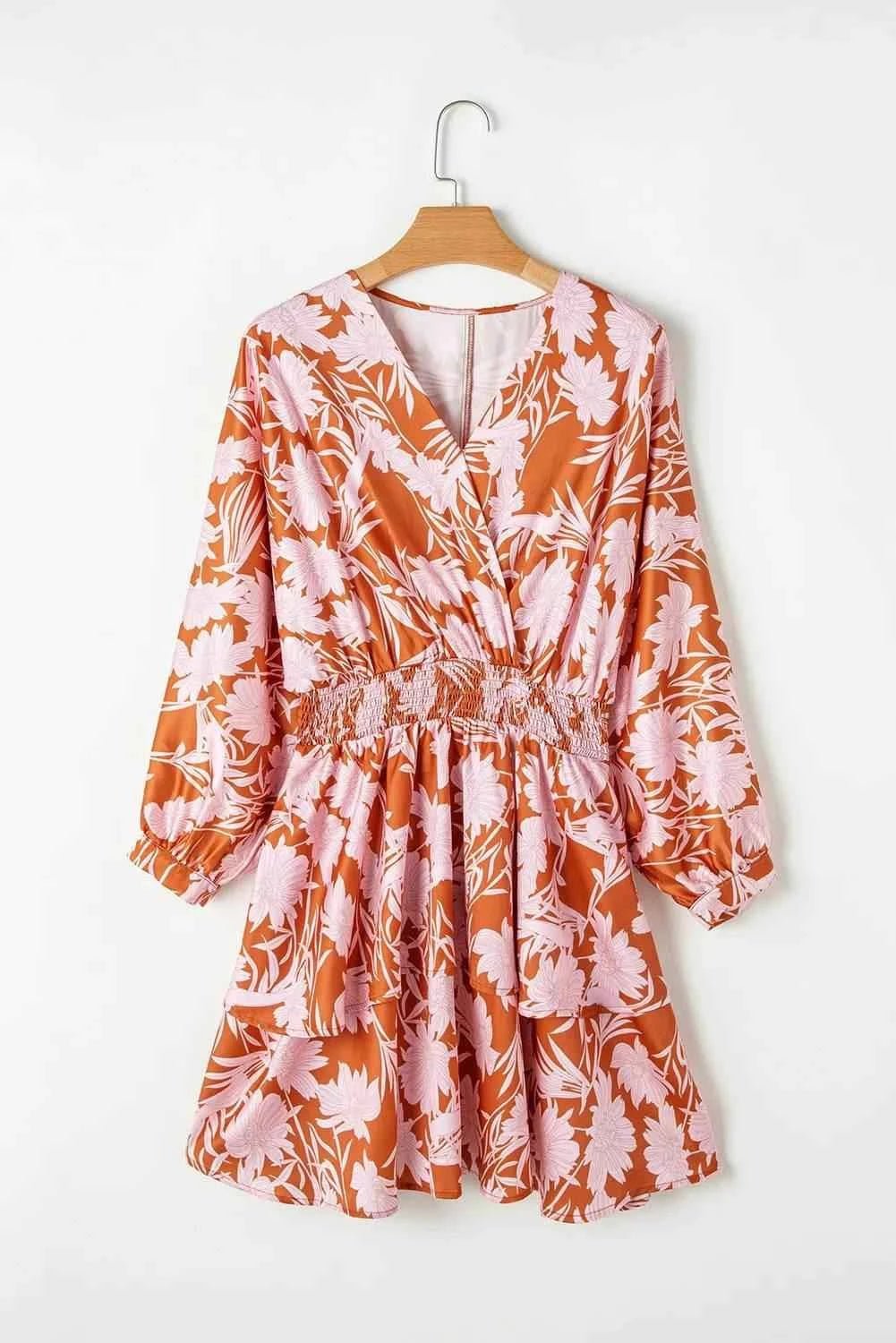 Smocked Printed Long Sleeve Mini Dress - StyleLure