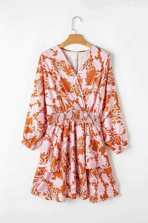 Smocked Printed Long Sleeve Mini Dress - StyleLure