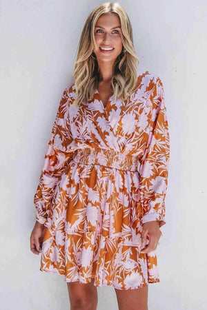 Smocked Printed Long Sleeve Mini Dress - StyleLure