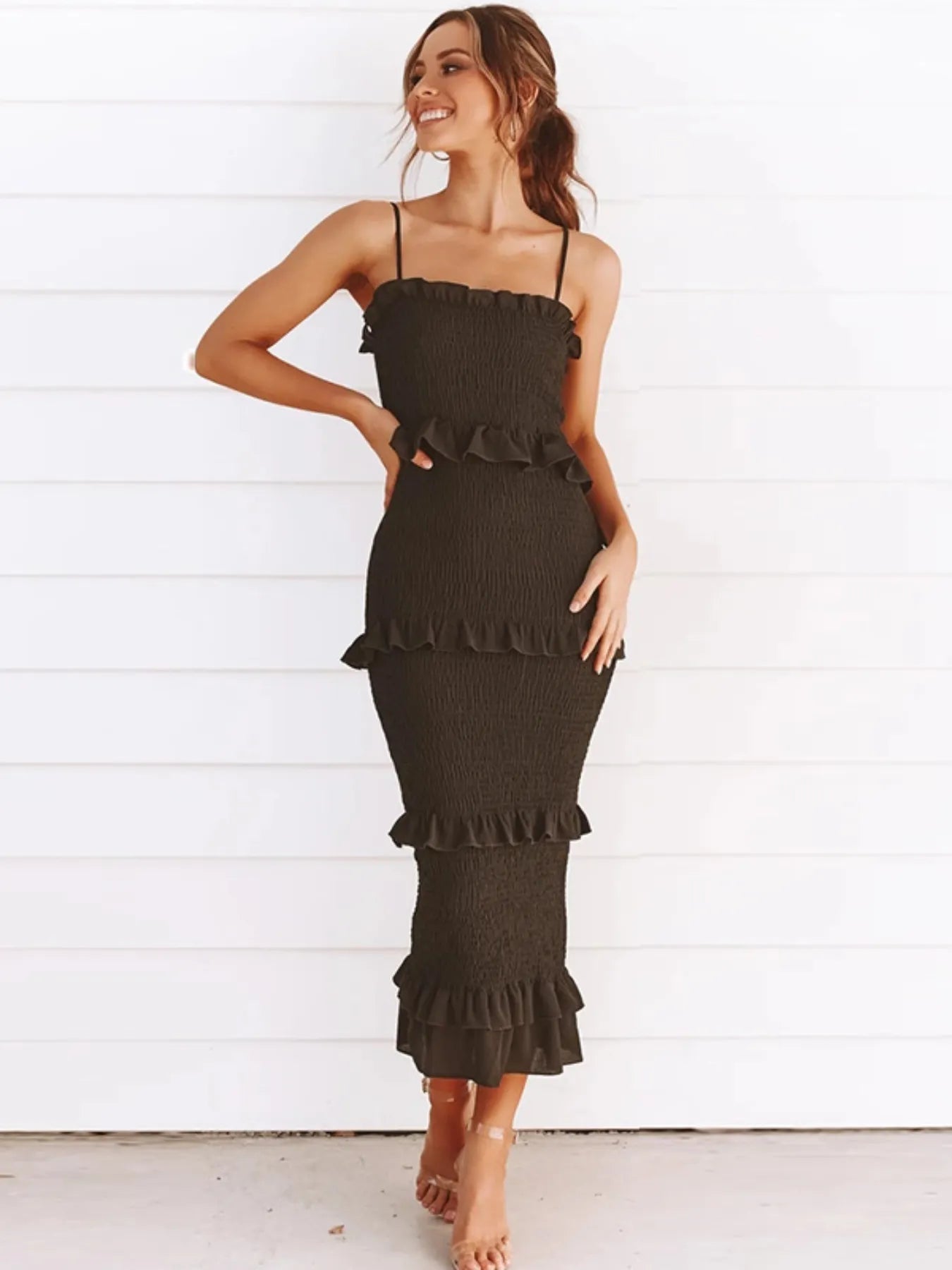 Smocked Ruffled Midi Cami Dress - StyleLure