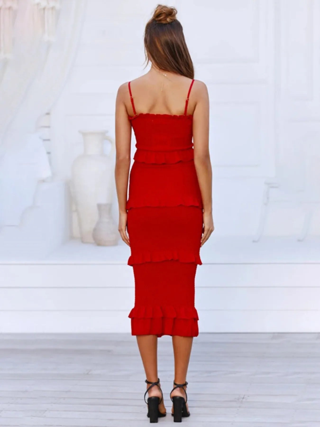 Smocked Ruffled Midi Cami Dress - StyleLure