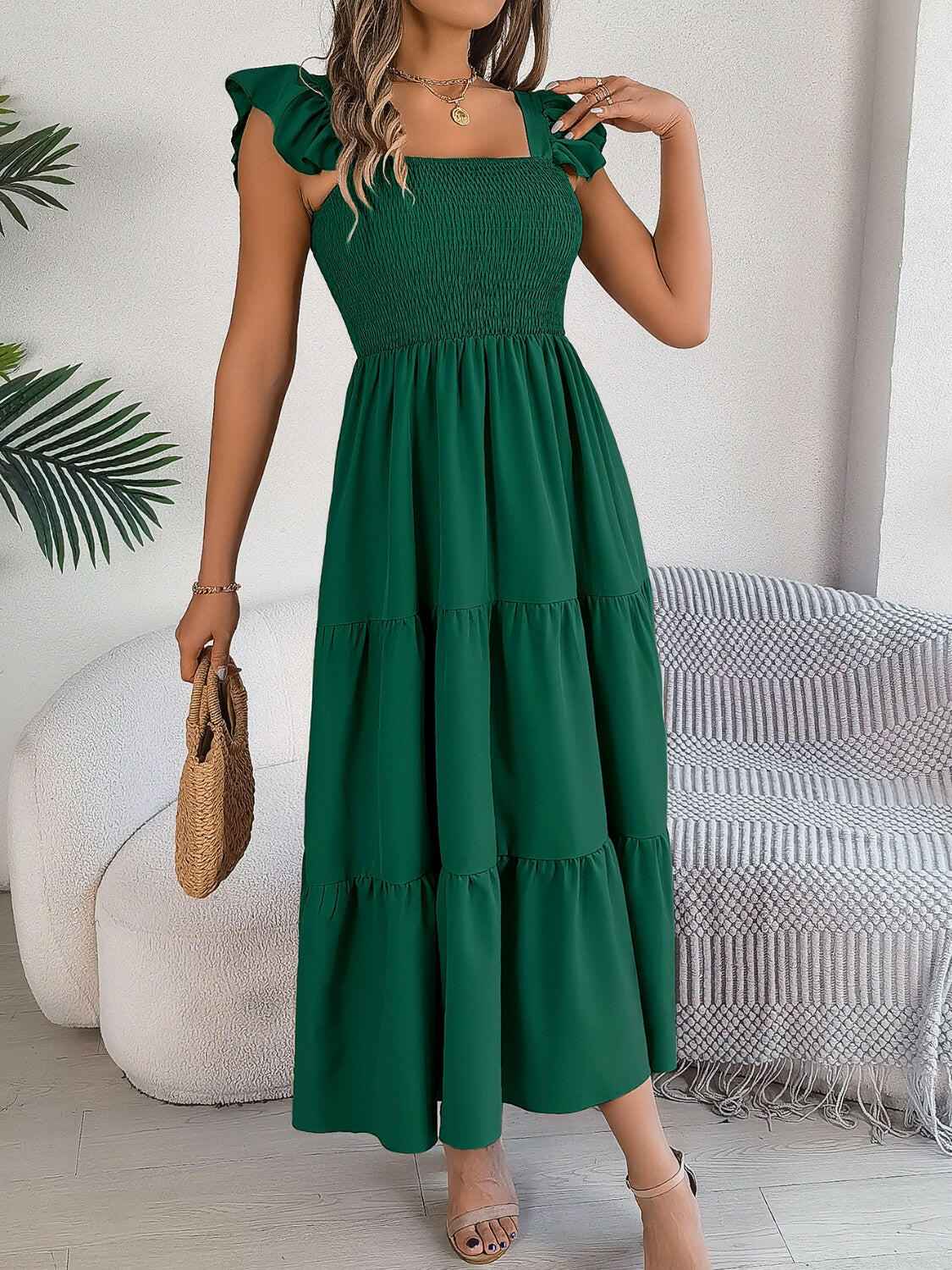 Smocked Square Neck Cap Sleeve Midi Dress - StyleLure