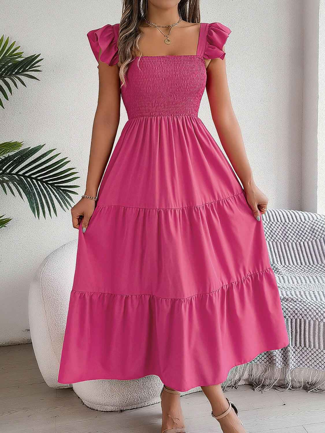 Smocked Square Neck Cap Sleeve Midi Dress - StyleLure