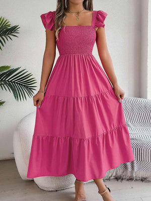 Smocked Square Neck Cap Sleeve Midi Dress - StyleLure